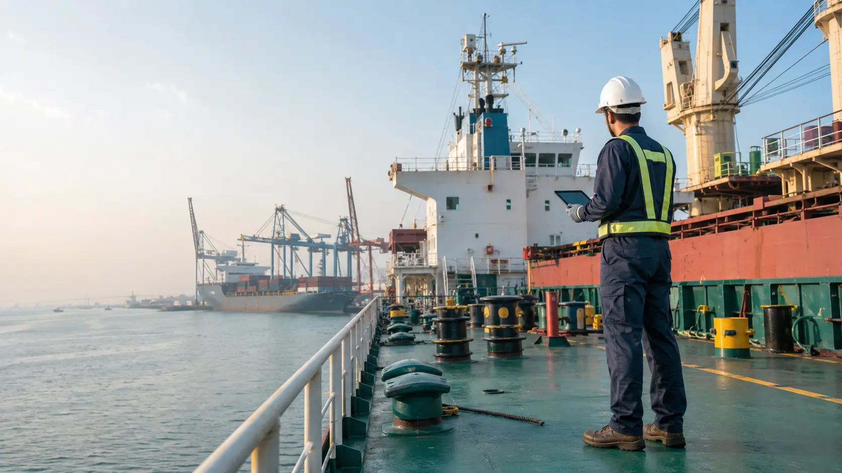 Marine surveyor reviewing vessel-deck operations at a commercial port.