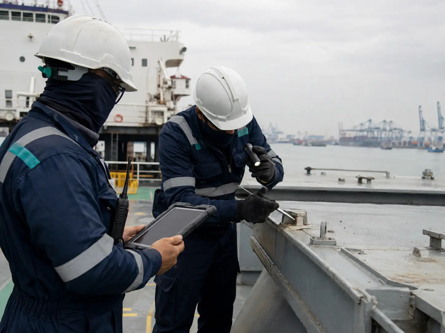 Two marine professionals inspecting vessel deck fittings and recording observations.