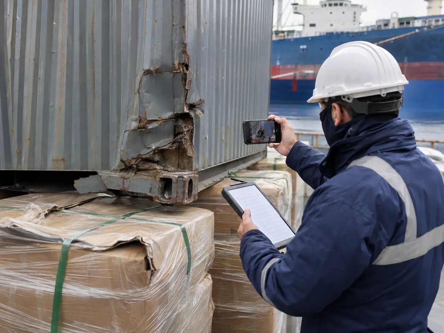 Marine surveyor photographing container and cargo damage as evidence.