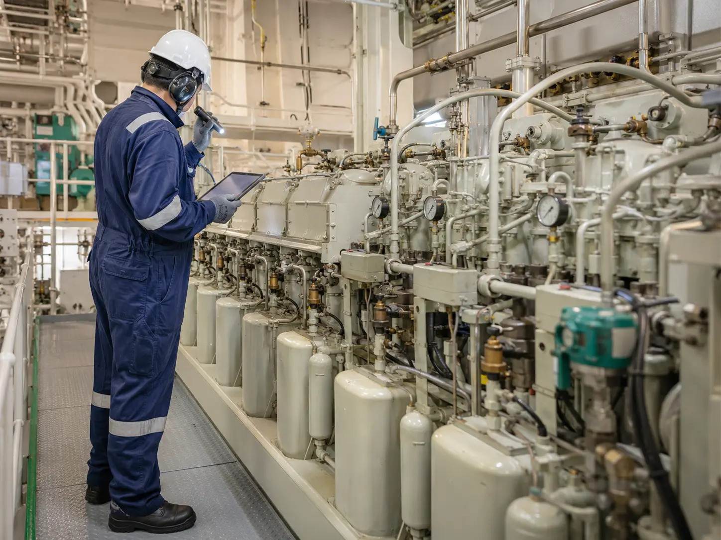 Marine surveyor inspecting machinery inside a merchant vessel engine room.