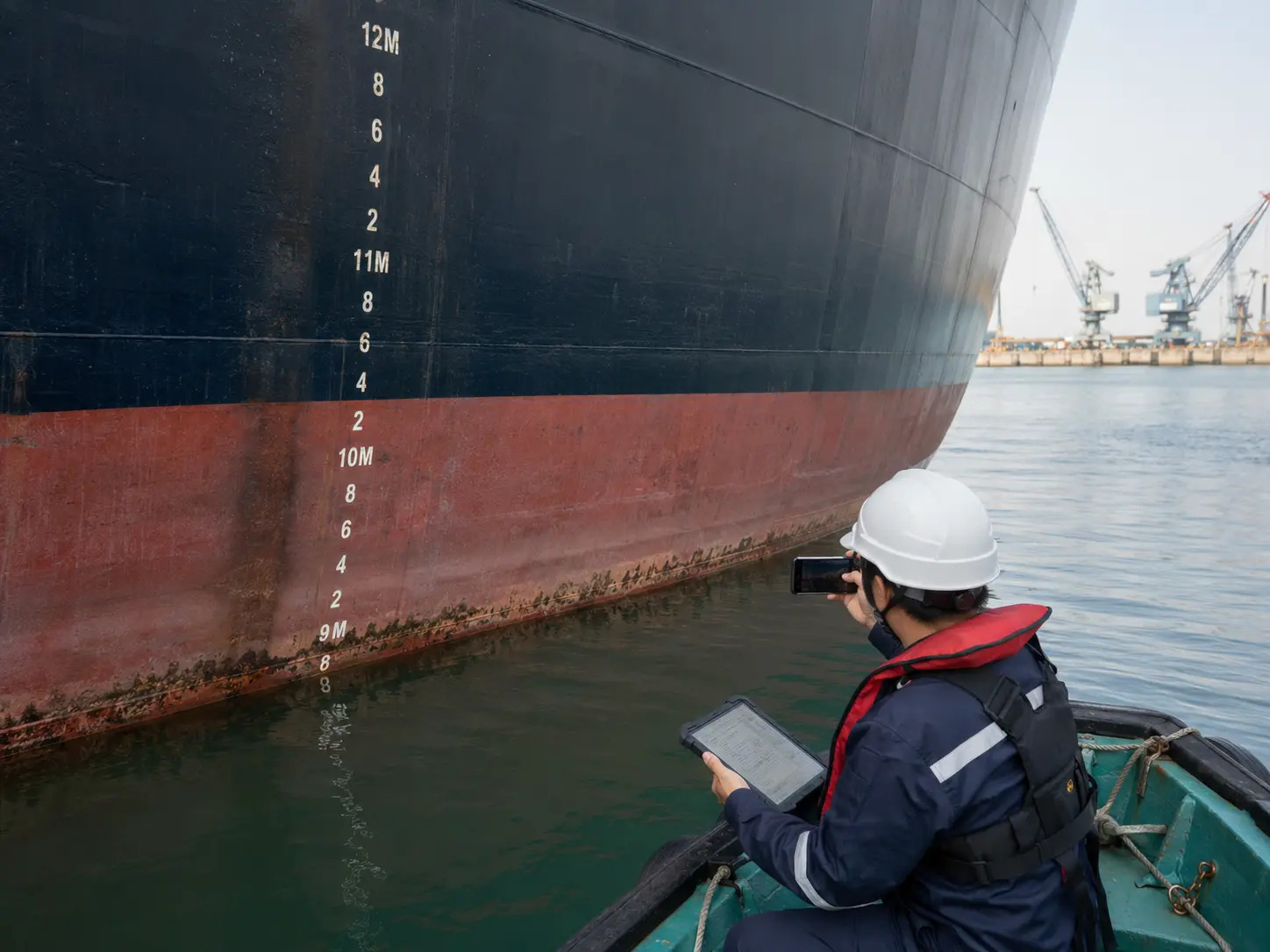 Surveyor observing vessel draught marks from a safe launch at the waterline.