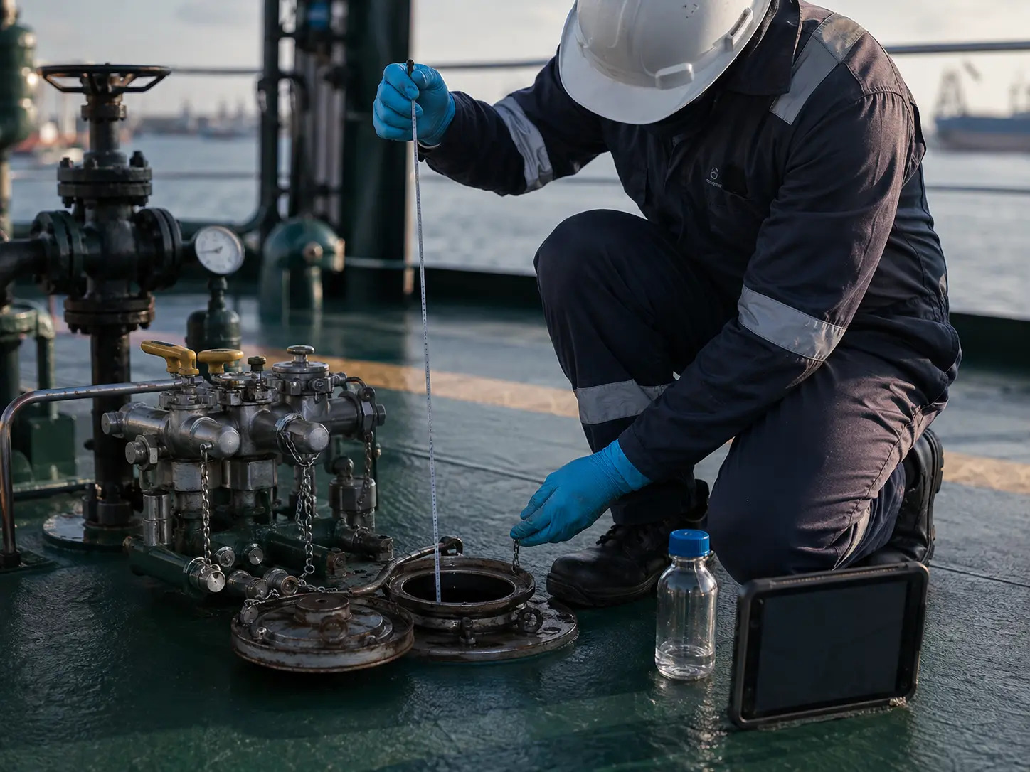 Surveyor measuring bunker quantity on a commercial vessel.