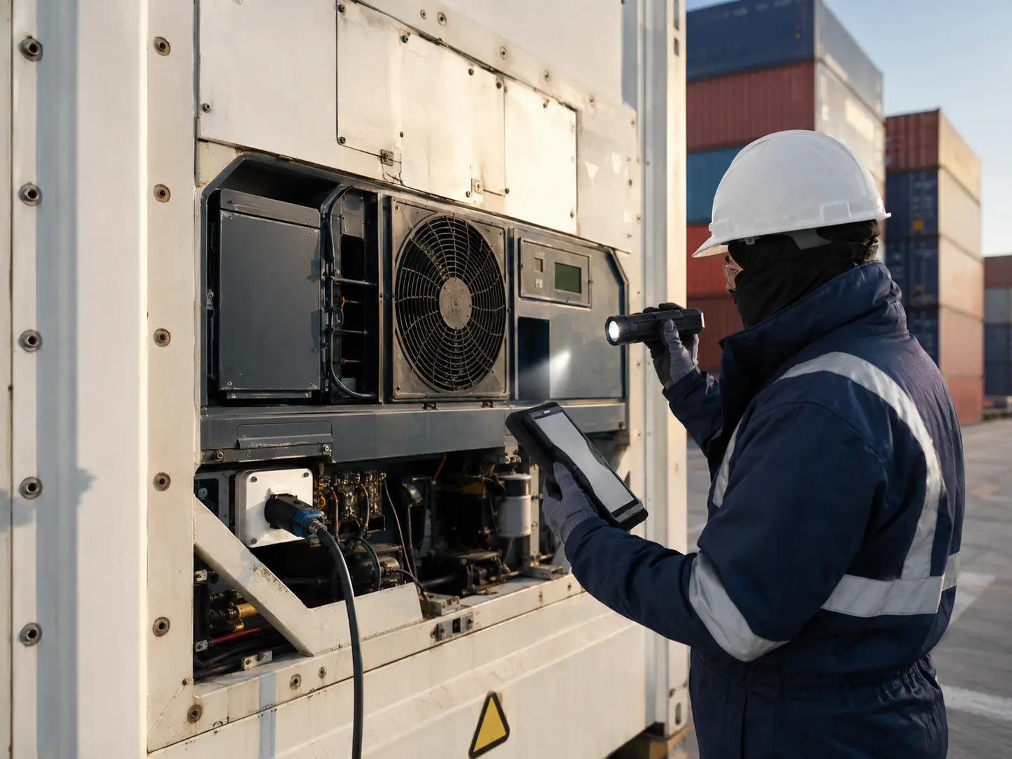 Surveyor inspecting a refrigerated container unit.