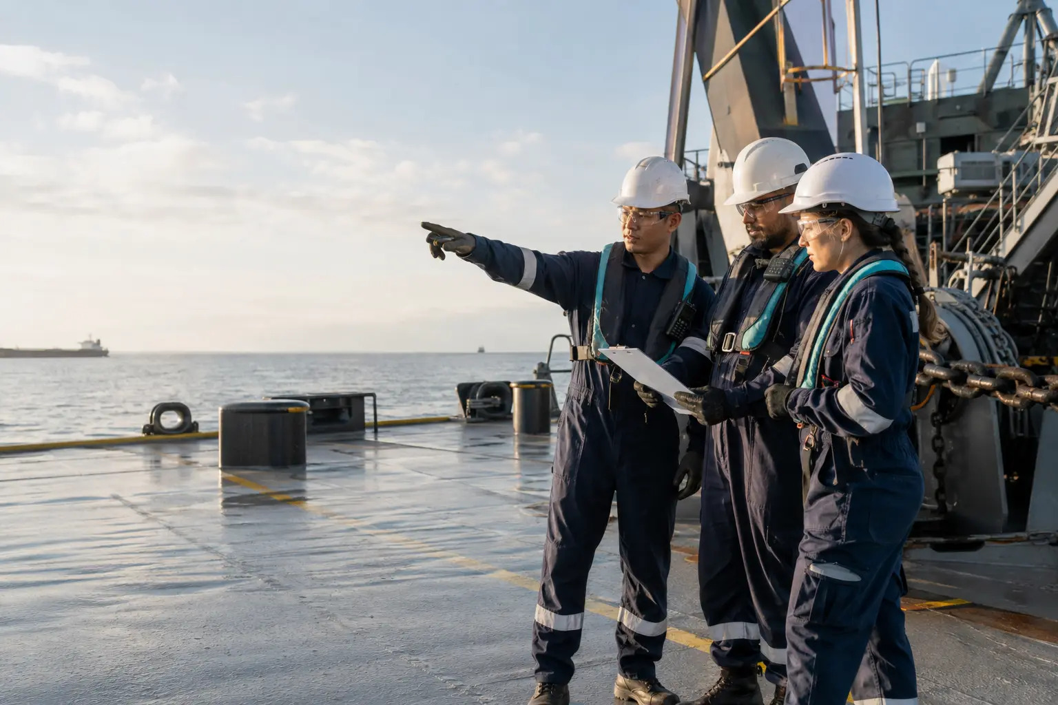 Marine professionals reviewing a safety checklist before a vessel inspection.
