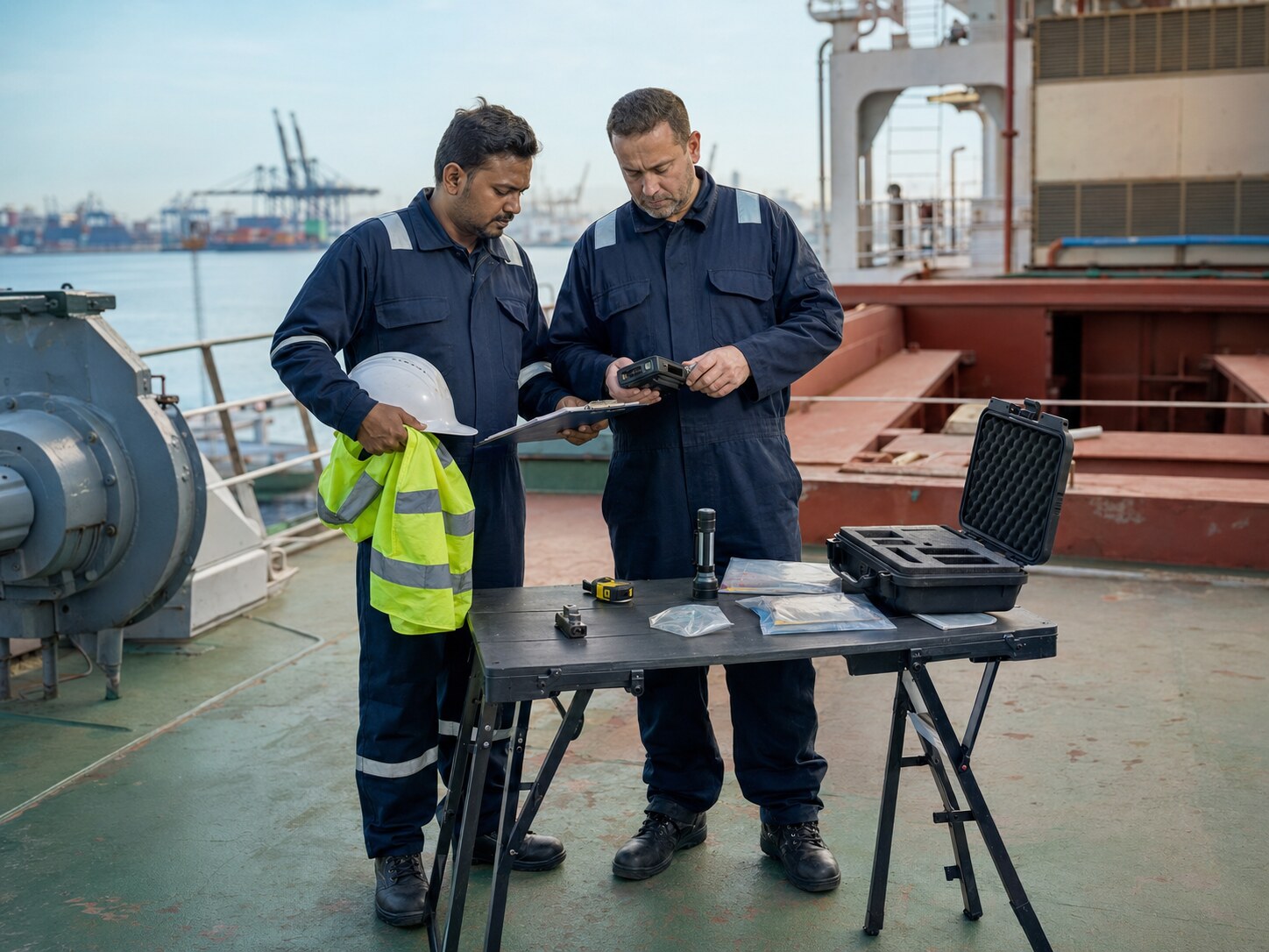 Marine survey team conducting a pre-attendance safety and quality briefing on deck.