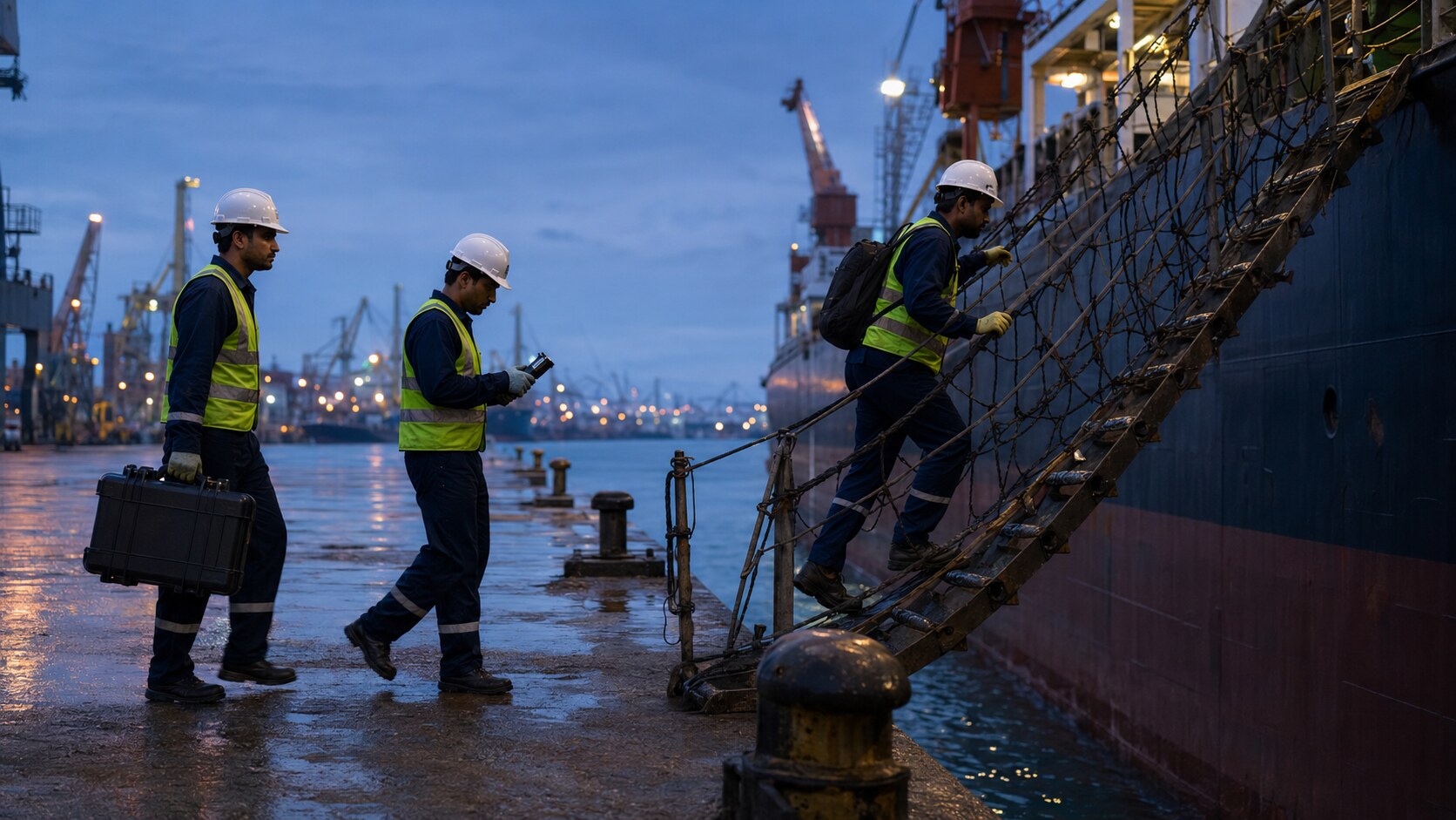 Marine survey response team preparing for vessel attendance at a lit port.