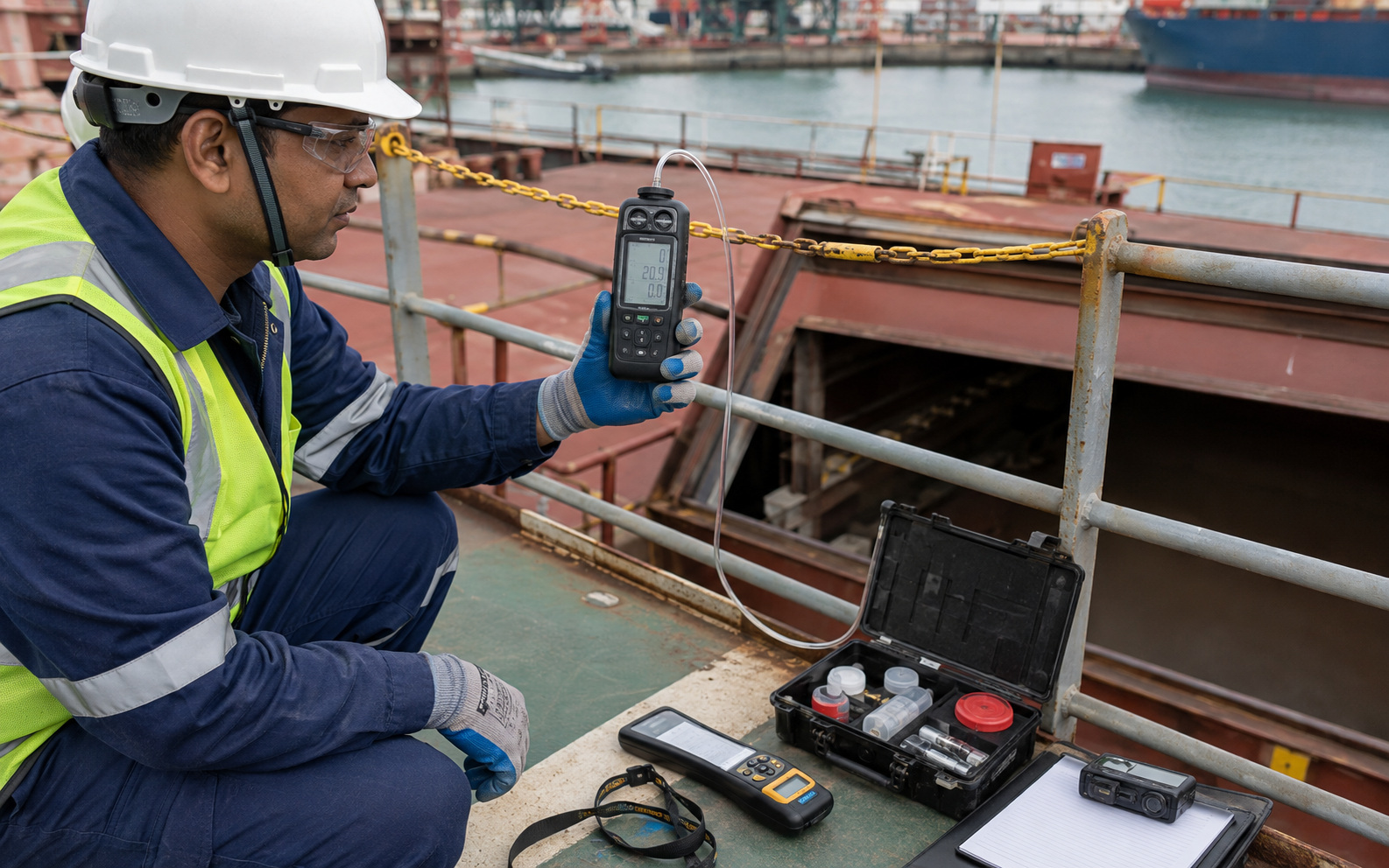 Marine surveyor using a portable multi-gas detector with cargo sampling instruments nearby.