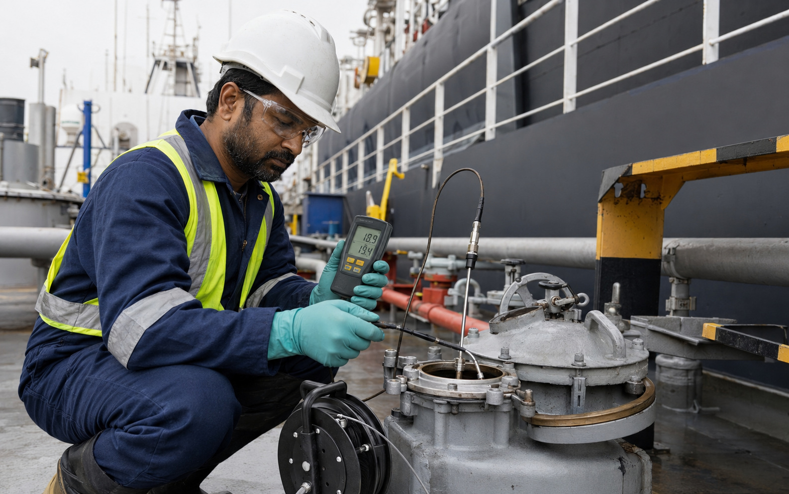 Marine surveyor conducting controlled bunker quantity measurement at a vessel tank access.