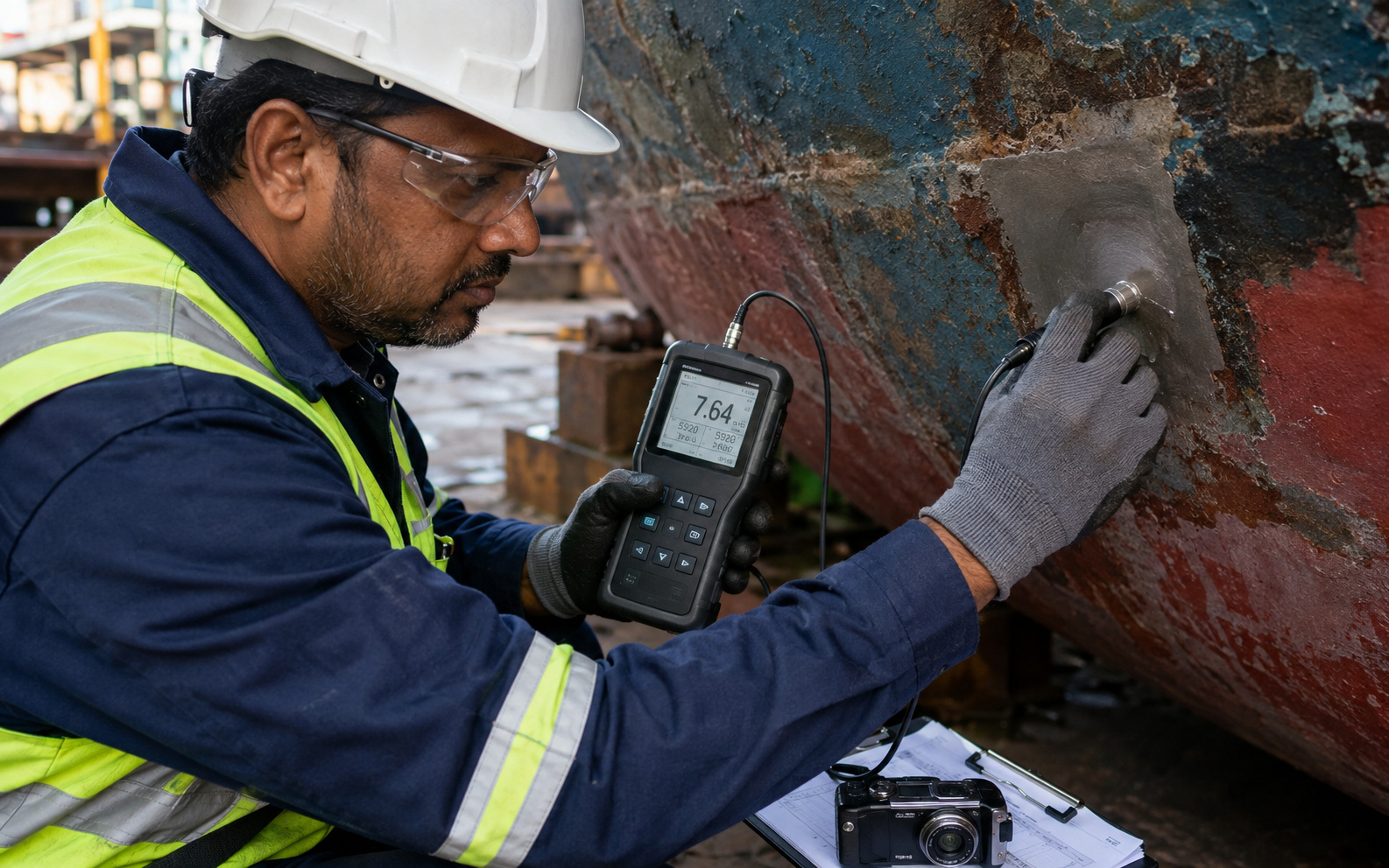Marine surveyor taking an ultrasonic thickness reading from ship steel plating.