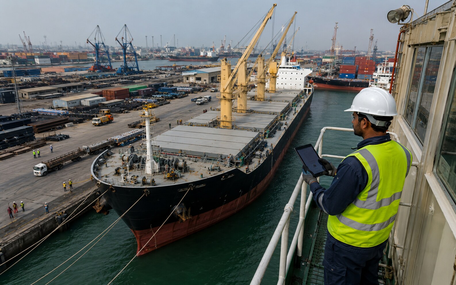 Senior marine surveyor overseeing cargo-vessel operations at a commercial port in Pakistan.