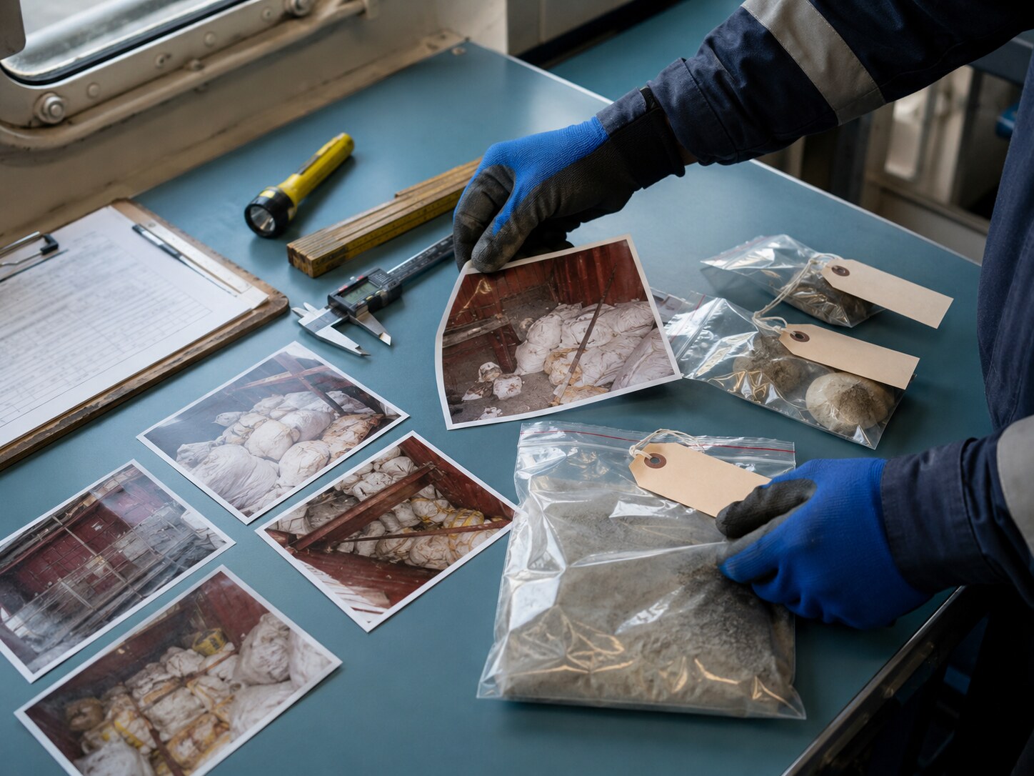 Surveyor arranging inspection photographs, field tools and controlled evidence records.