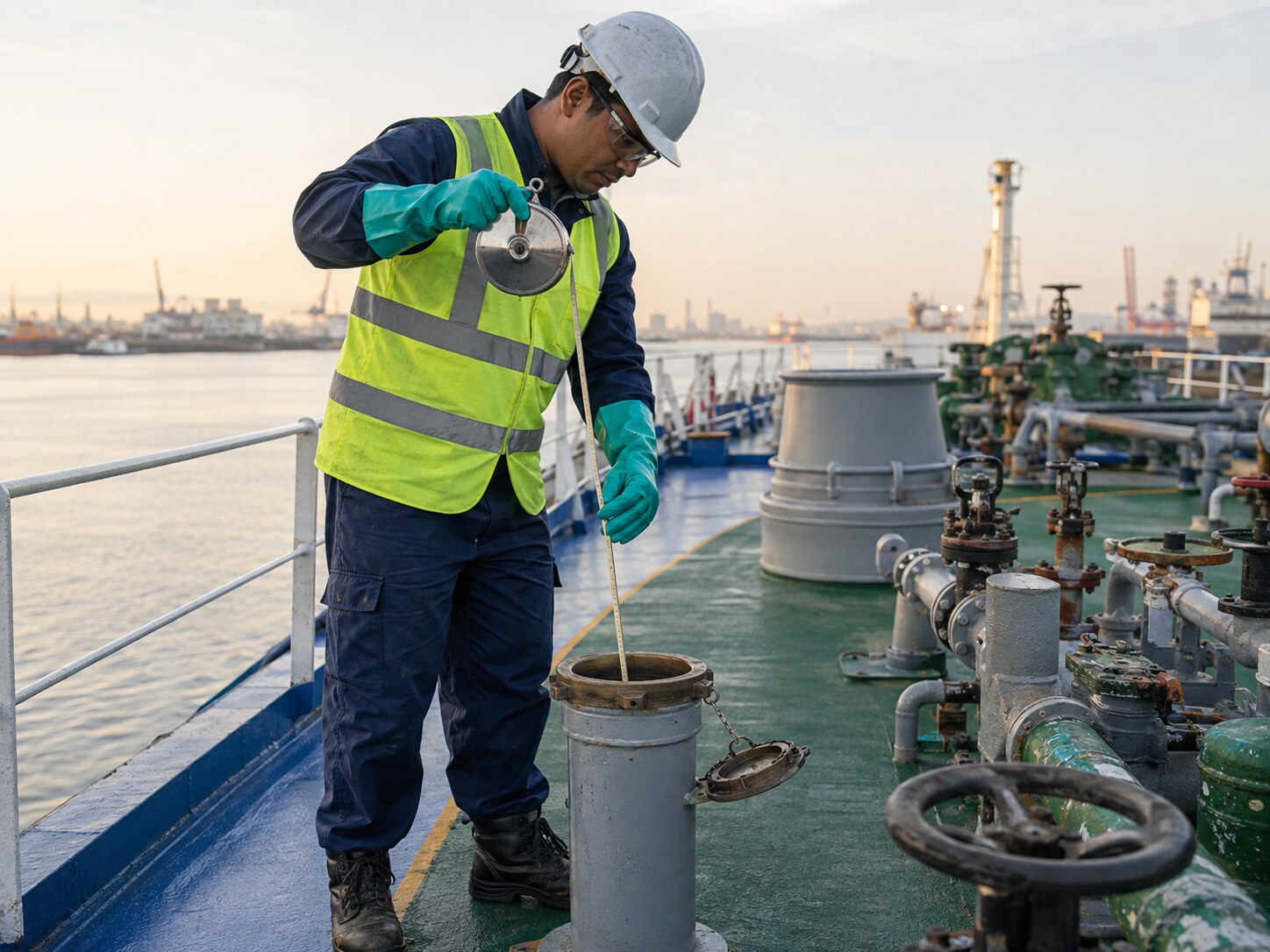Marine surveyor conducting a bunker sounding measurement on a commercial vessel.
