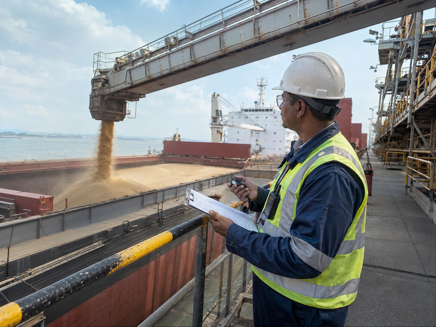 Independent surveyor overseeing bulk cargo loading and tally records at a marine terminal.