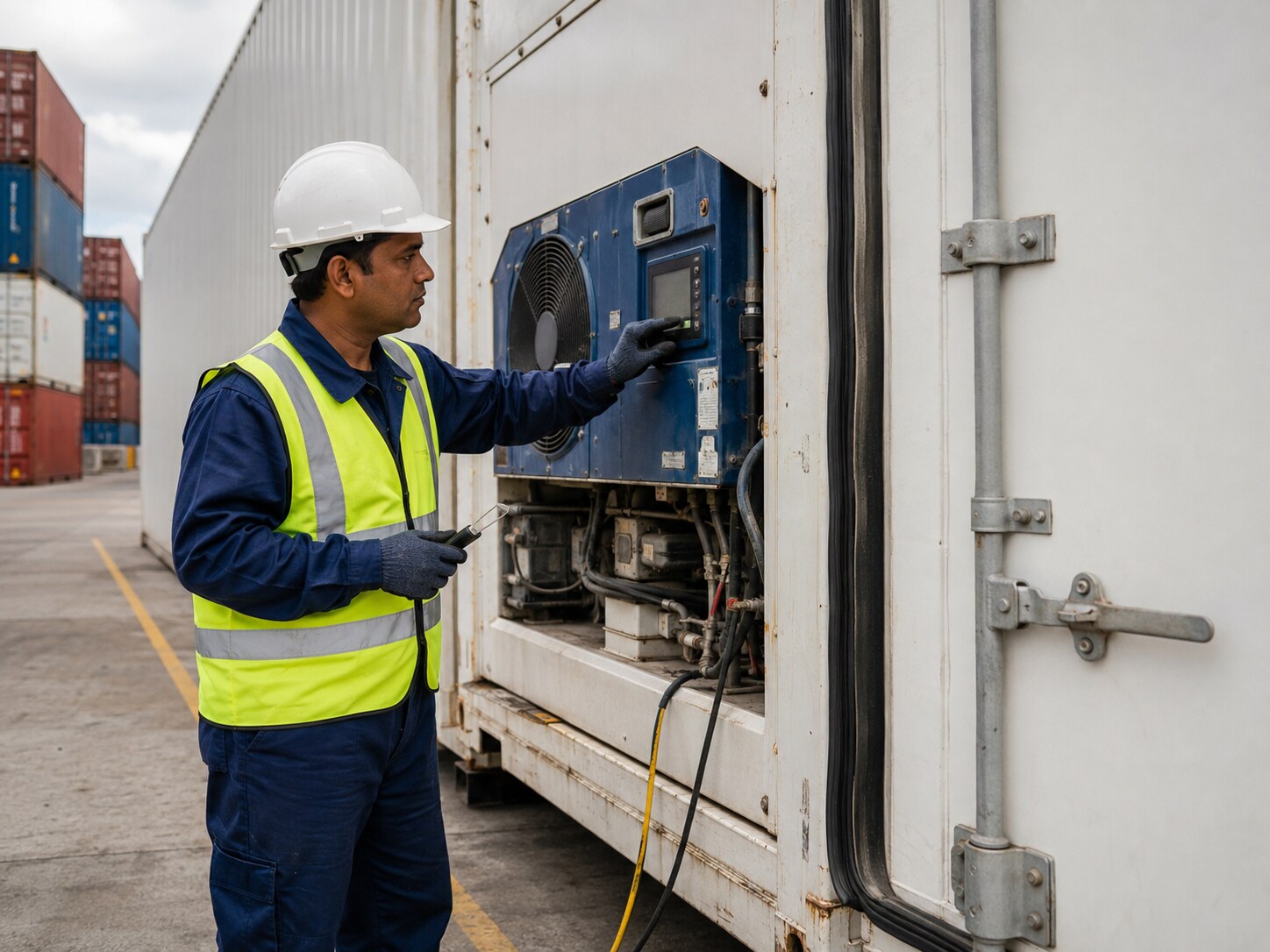 Surveyor inspecting reefer container controls, seal and recorded temperature.