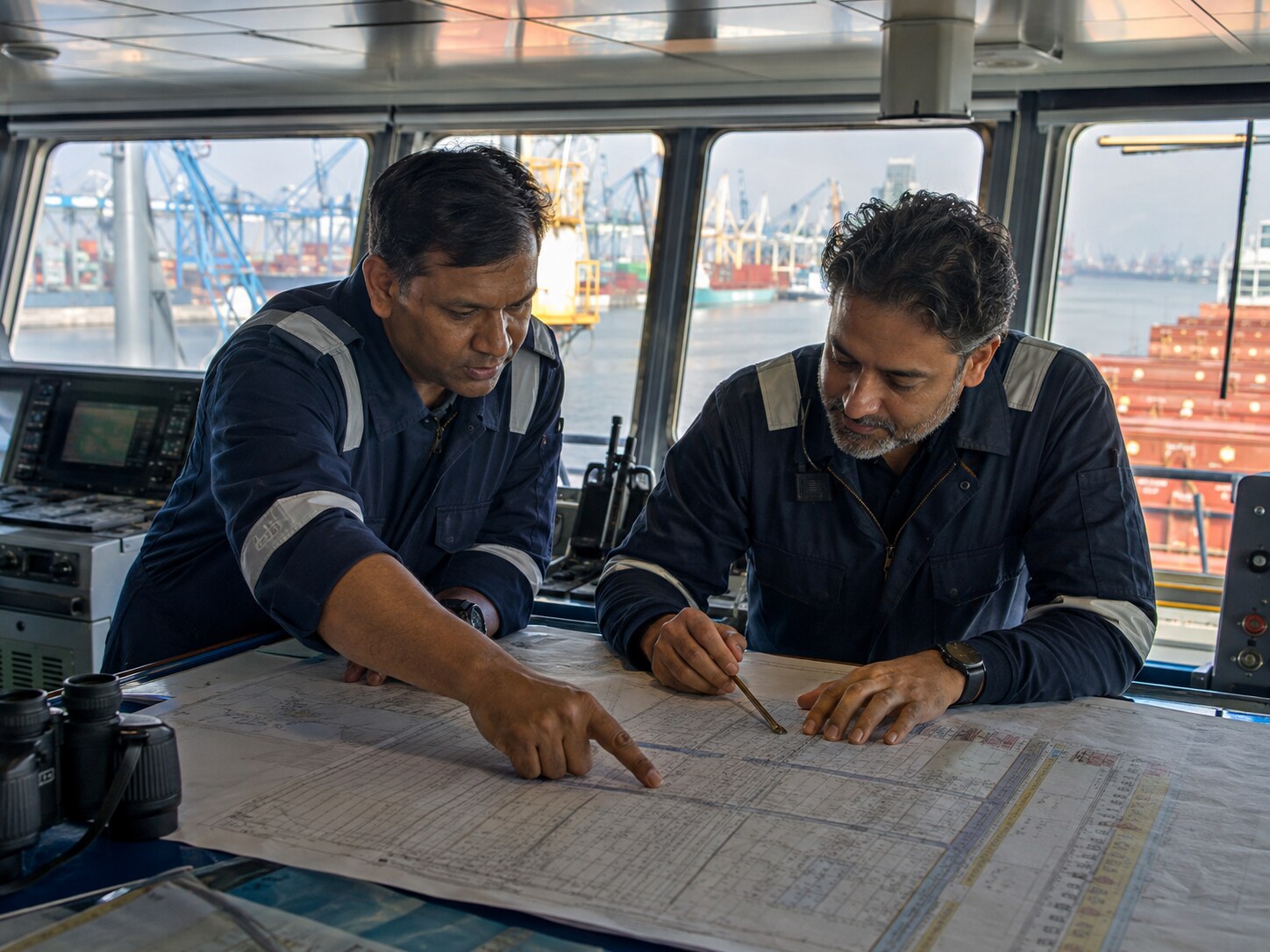 Port captain and marine operations officer reviewing a loading plan on a vessel bridge.