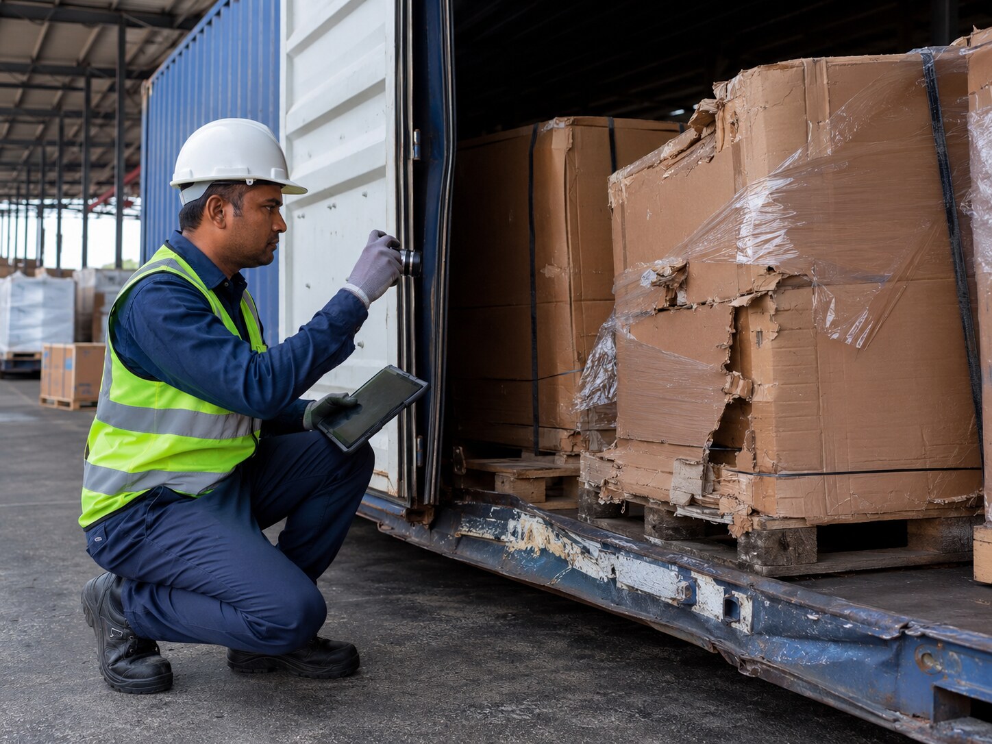 Marine surveyor documenting damaged packaged cargo inside a freight container.