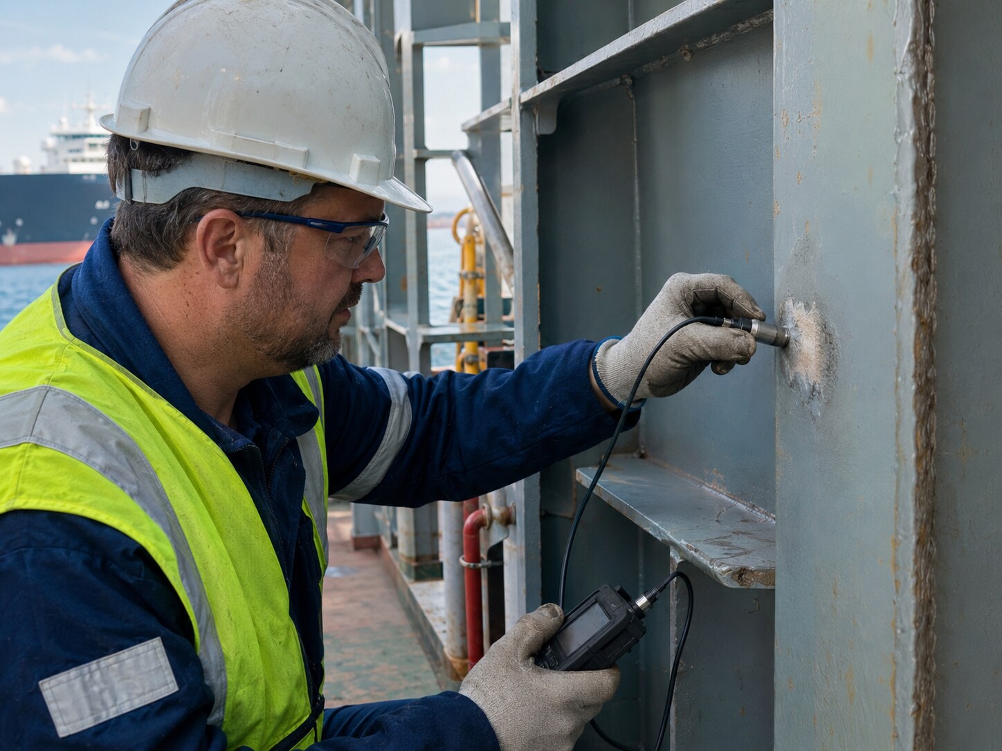 Marine surveyor using an ultrasonic gauge to inspect vessel steel structure.