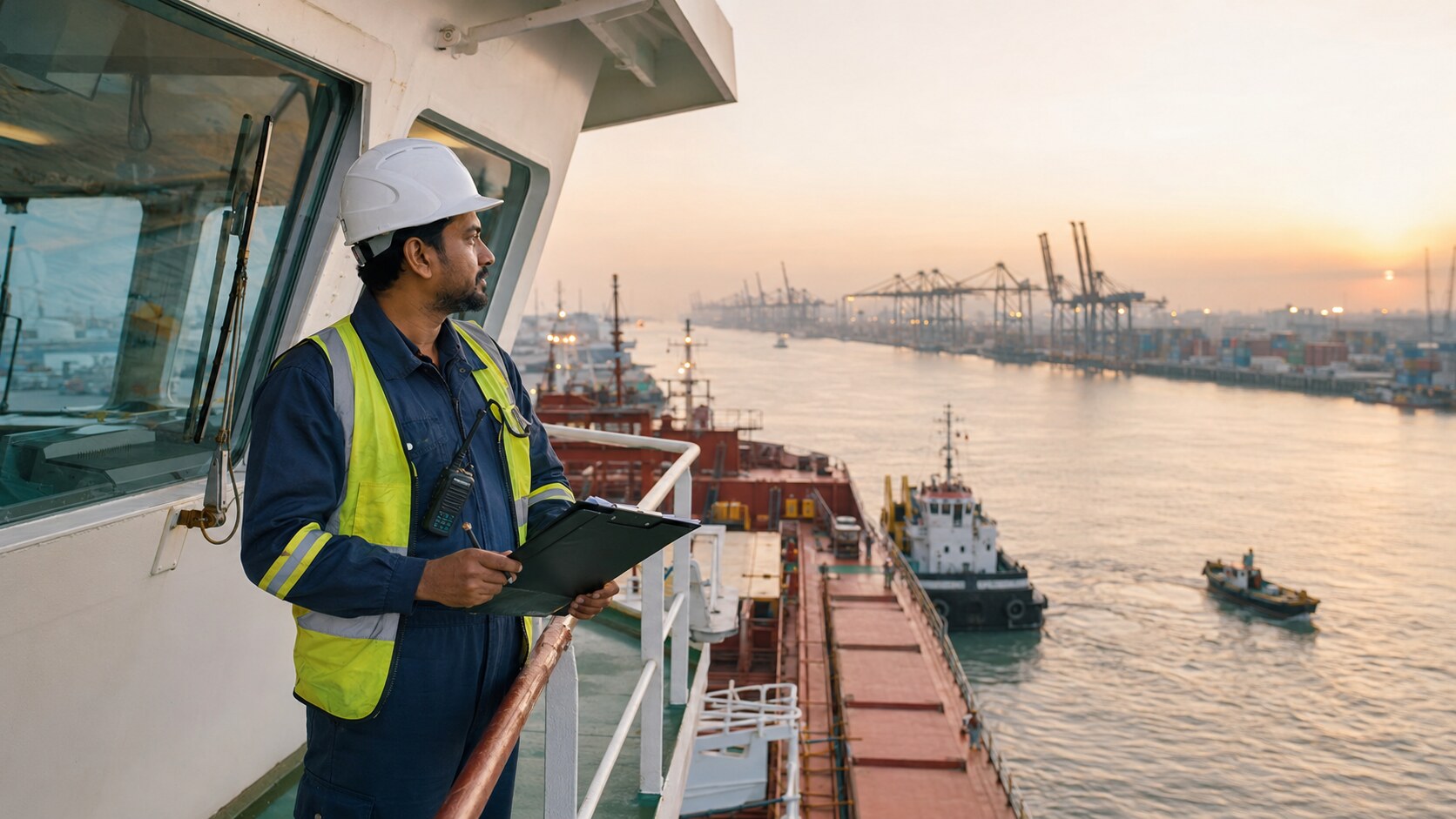 Senior marine surveyor assessing port operations from a vessel bridge wing.